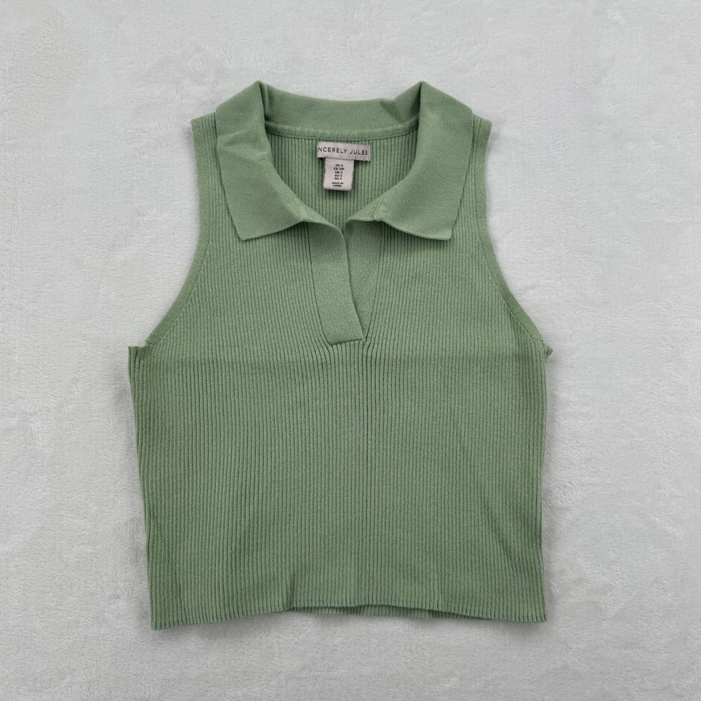 Sincerely Jules Polo Tank Top Womens Small Sage Green Excellent Ribbed V-Neck